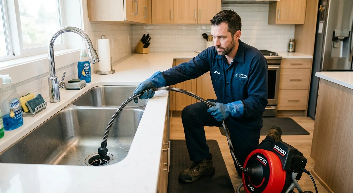 Drain cleaning technician using a motorized snake on a kitchen sink in Avocado Heights