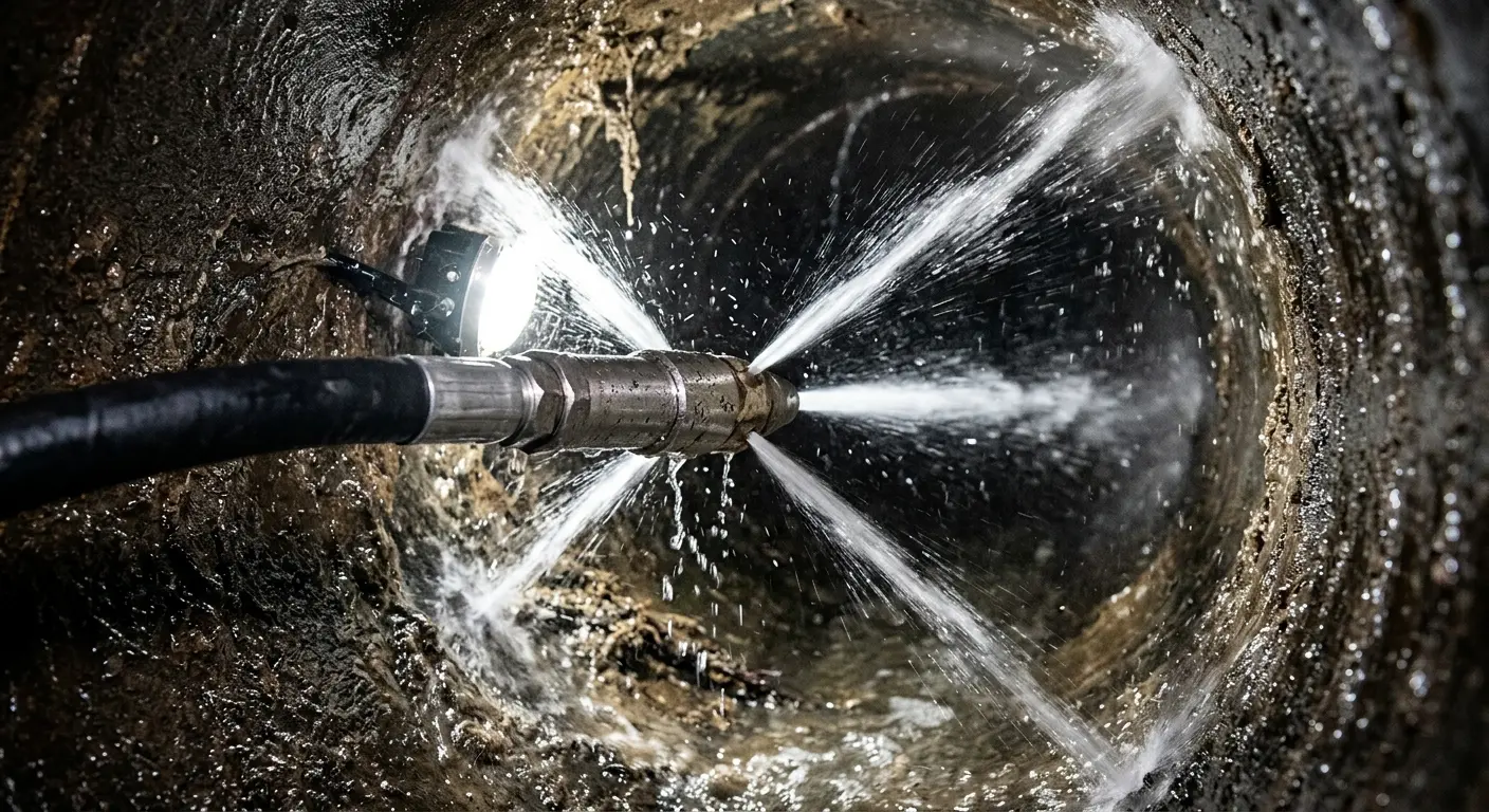 High-pressure hydro jetting nozzle cleaning sewer pipe for Trenchless Sewer Repair in Avocado Heights