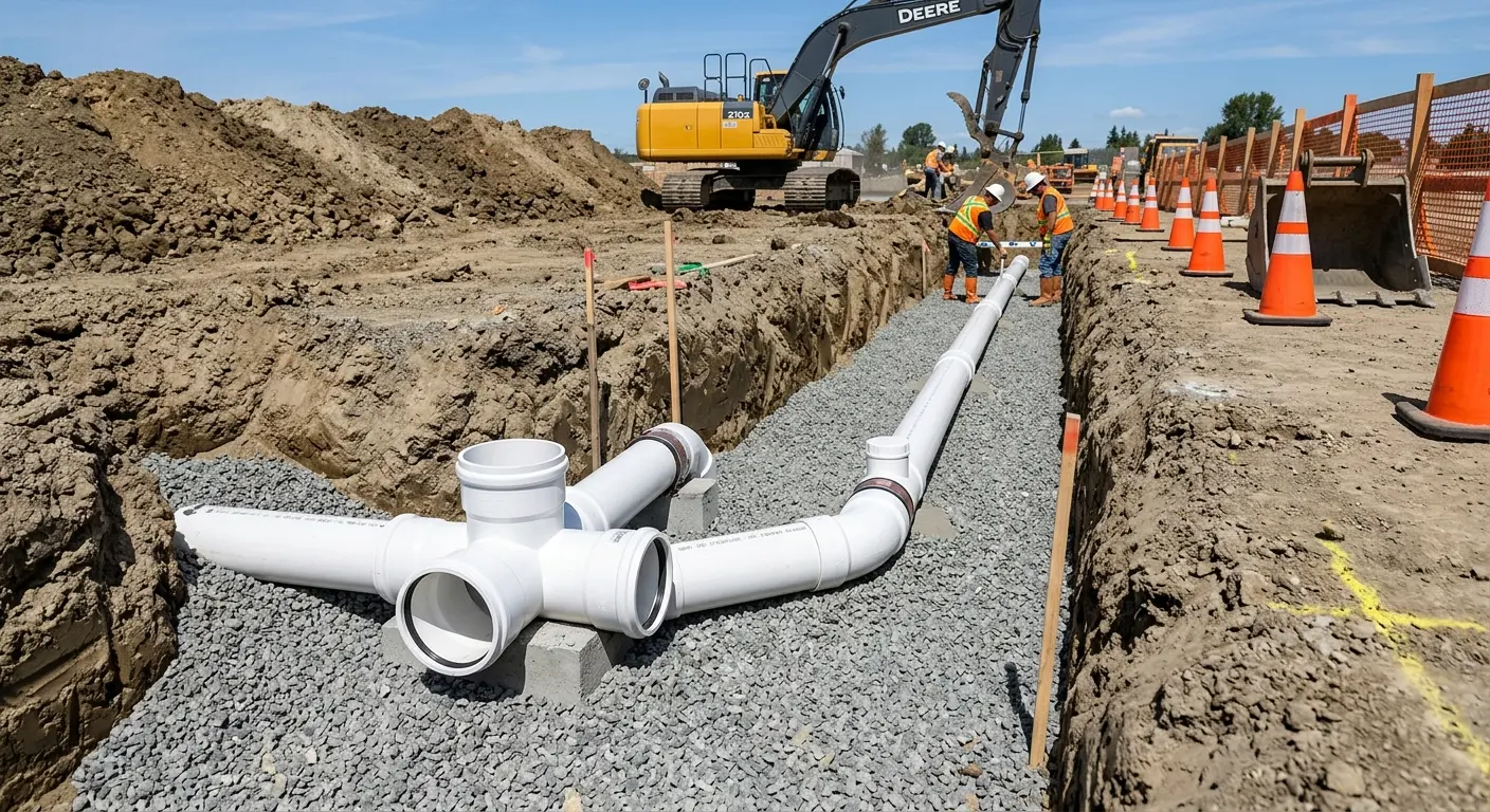 New PVC sewer pipe installation in open trench for Sewer Backup in Avocado Heights