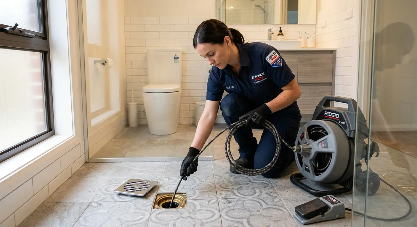 Technician clearing a bathroom floor drain for Clogged Drain Repair in Avocado Heights